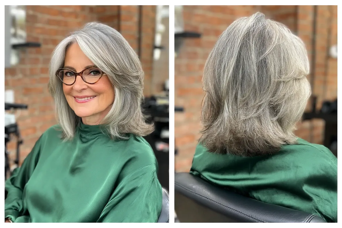 Shoulder-Length Silver Frost Wavy Feathered Layers with Side Bangs